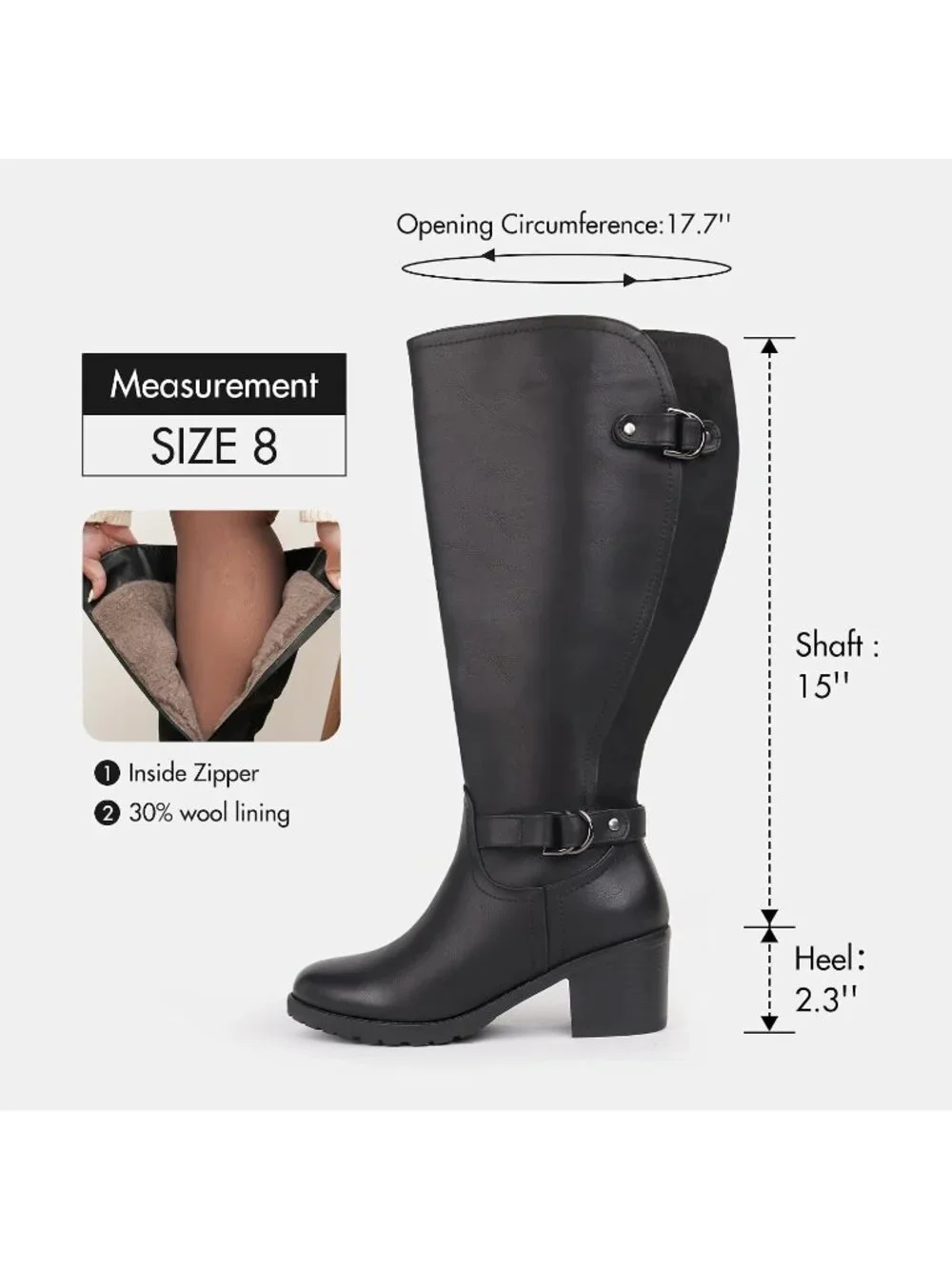 Women's Black/Wool Wide Calf Block Heel Decorated Double Buckle Knee High Boots